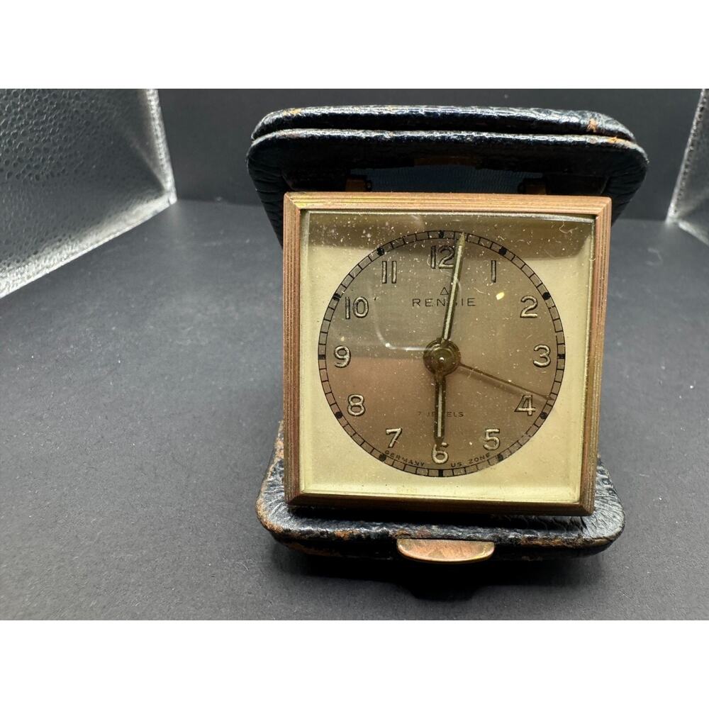 Vintage Rensie Germany Travel Alarm Clock 7 Jewels Genuine Leather Case